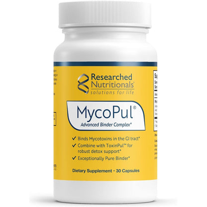 Researched Nutritionals MycoPul 30 capsules front view bottle showing premium mycotoxin binder complex