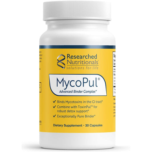 Researched Nutritionals MycoPul 30 capsules front view bottle showing premium mycotoxin binder complex
