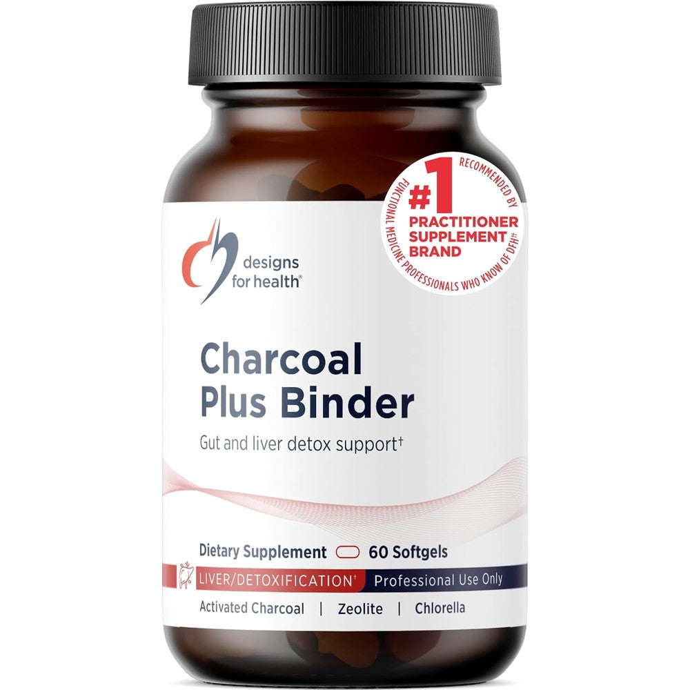 Designs For Health Charcoal Plus Binder front view bottle containing 60 softgels for gut detox.