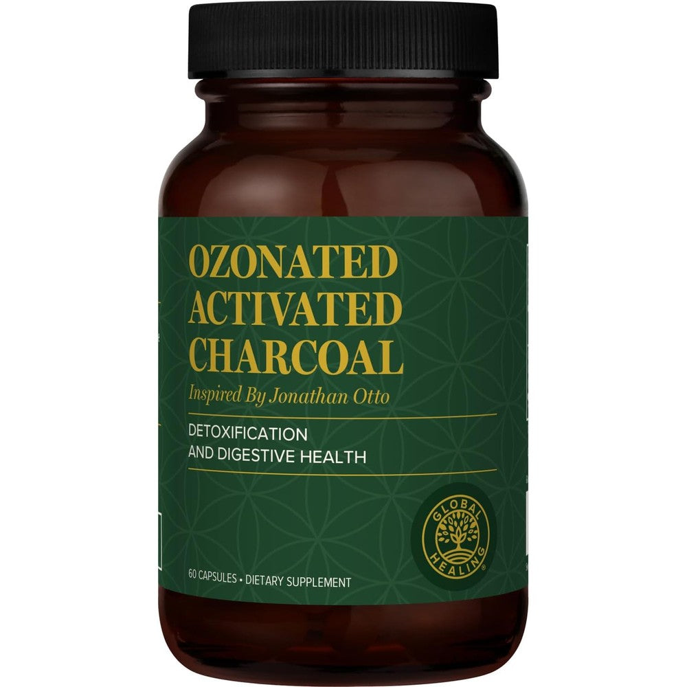 Global Healing Center Ozonated Activated Charcoal front view bottle for natural digestive detox
