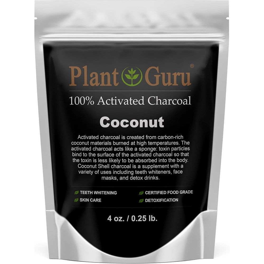 Plant Guru Activated Charcoal Coconut Powder four ounce front view pouch packaging.