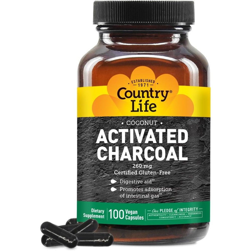 Country Life Coconut Activated Charcoal 100 vegan capsules front bottle view for natural bloating relief.