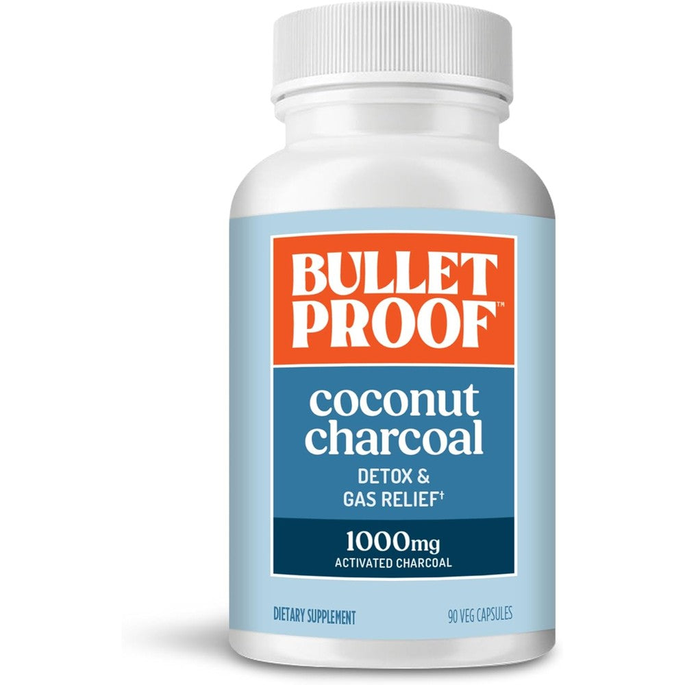 Bulletproof Coconut Charcoal 90 Capsules front view bottle packaging for premium gas relief