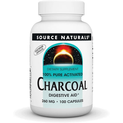 Source Naturals Charcoal 100 Percent Pure Activated Digestive Aid 100 capsules front view showing bottle label