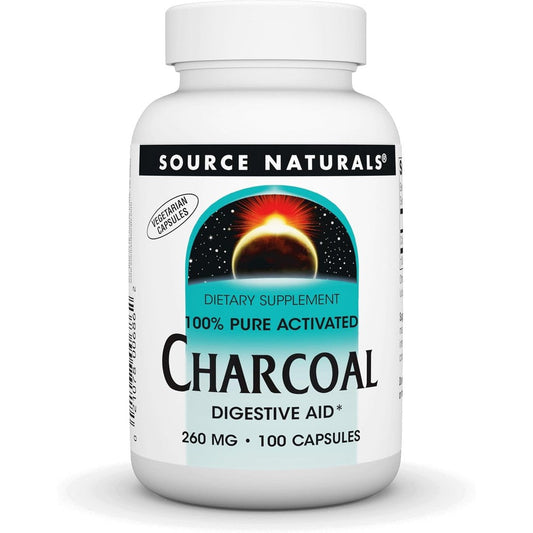 Source Naturals Charcoal 100 Percent Pure Activated Digestive Aid 100 capsules front view showing bottle label
