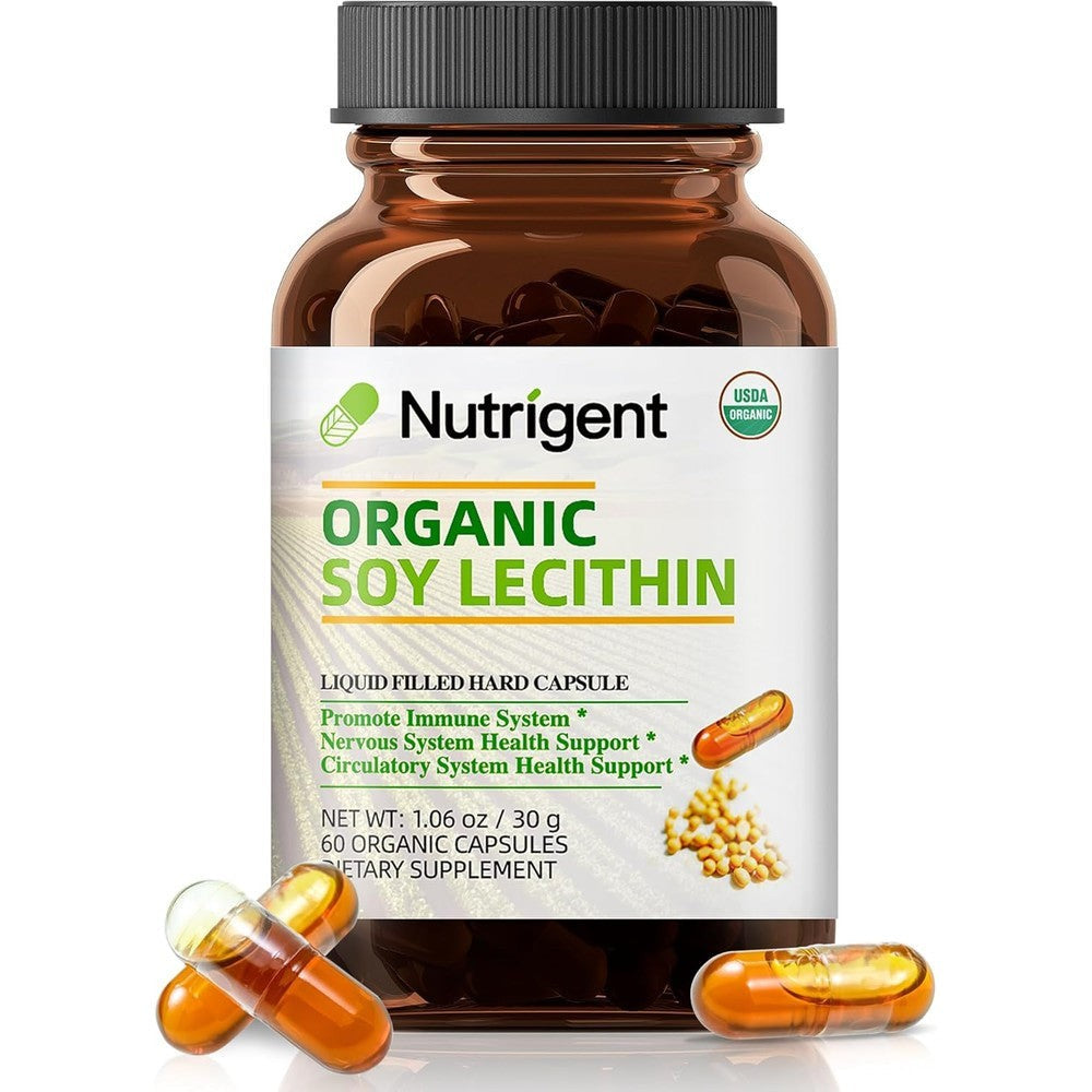 Nutrigent Organic Soy Lecithin 800mg front view of the bottle showcasing organic certification.