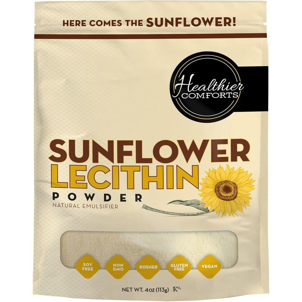 Healthier Comforts Sunflower Lecithin Powder front view packaging of plant based emulsifier