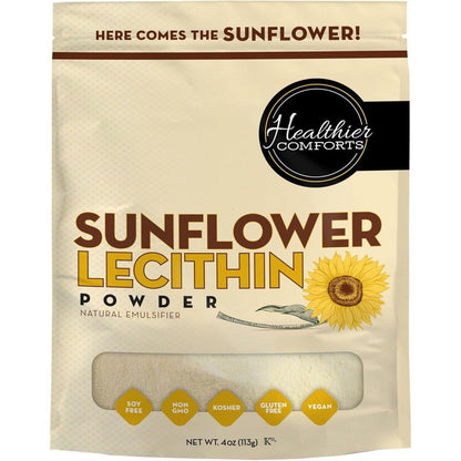 Healthier Comforts Sunflower Lecithin Powder front view packaging of plant based emulsifier