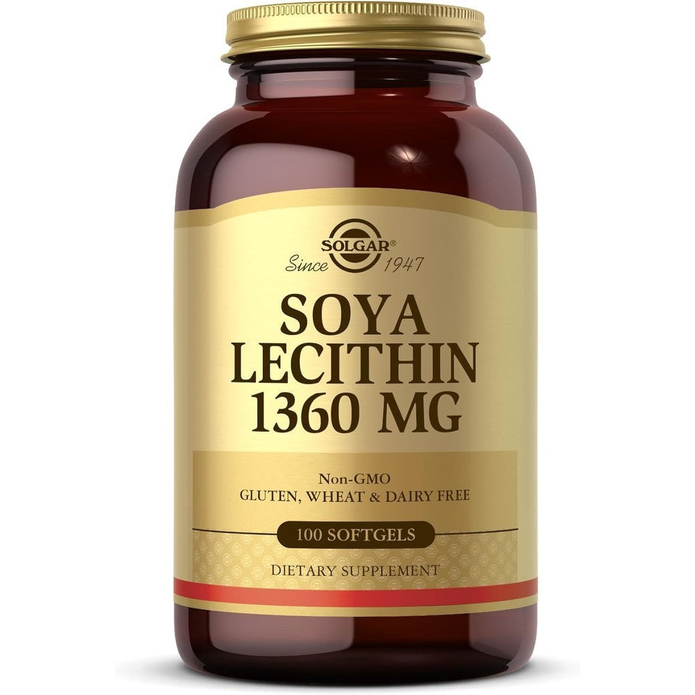 Solgar Soya Lecithin 1360 milligrams softgels bottle front view supplement
