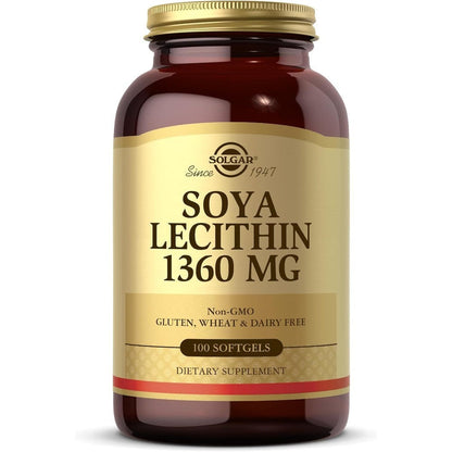 Solgar Soya Lecithin 1360 mg 100 Softgels bottle front view for imported supplement shoppers