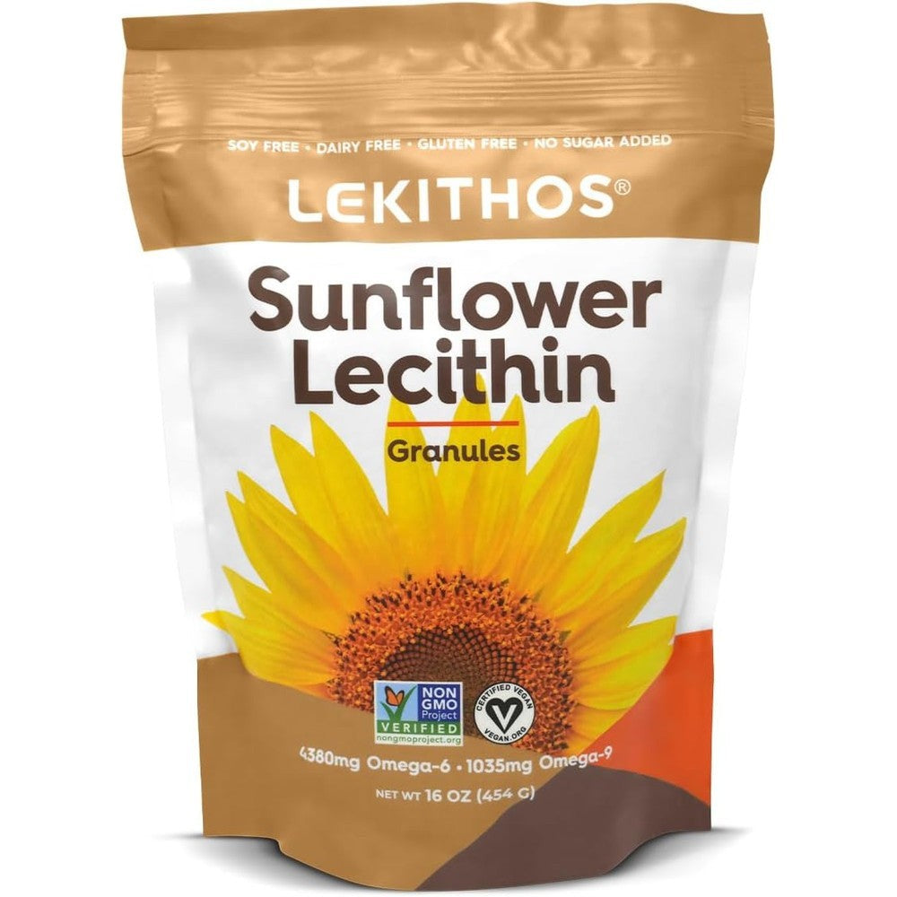 Lekithos Sunflower Lecithin Granules 16 Ounce front packaging view showing vegan and soy free labels