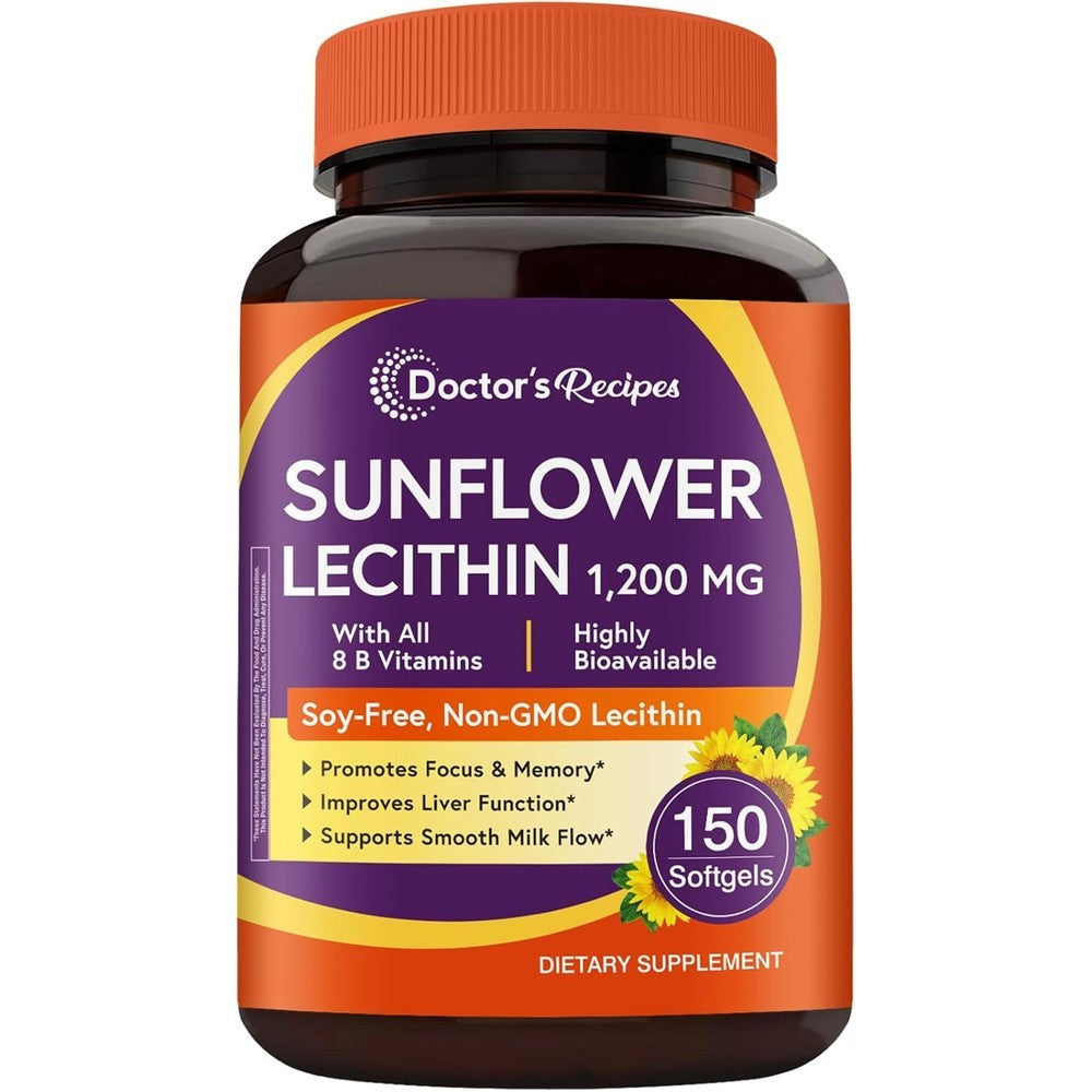 Doctor's Recipes Sunflower Lecithin 1200 milligram bottle front view showing the dark orange label and black cap