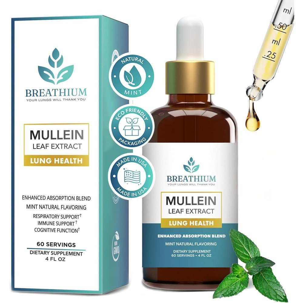 Breathium 4 in 1 Liposomal Mullein Drops 4 Ounce front bottle view showing respiratory support benefits.