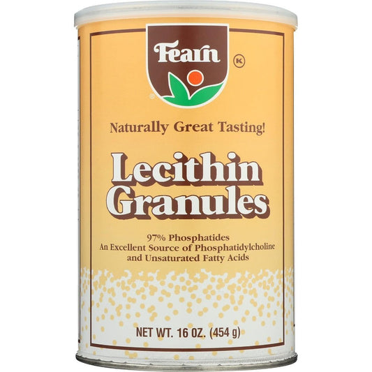 Fearn Natural Foods Lecithin Granules 16 Ounce container front view showcasing the soy phospholipids dietary supplement label.