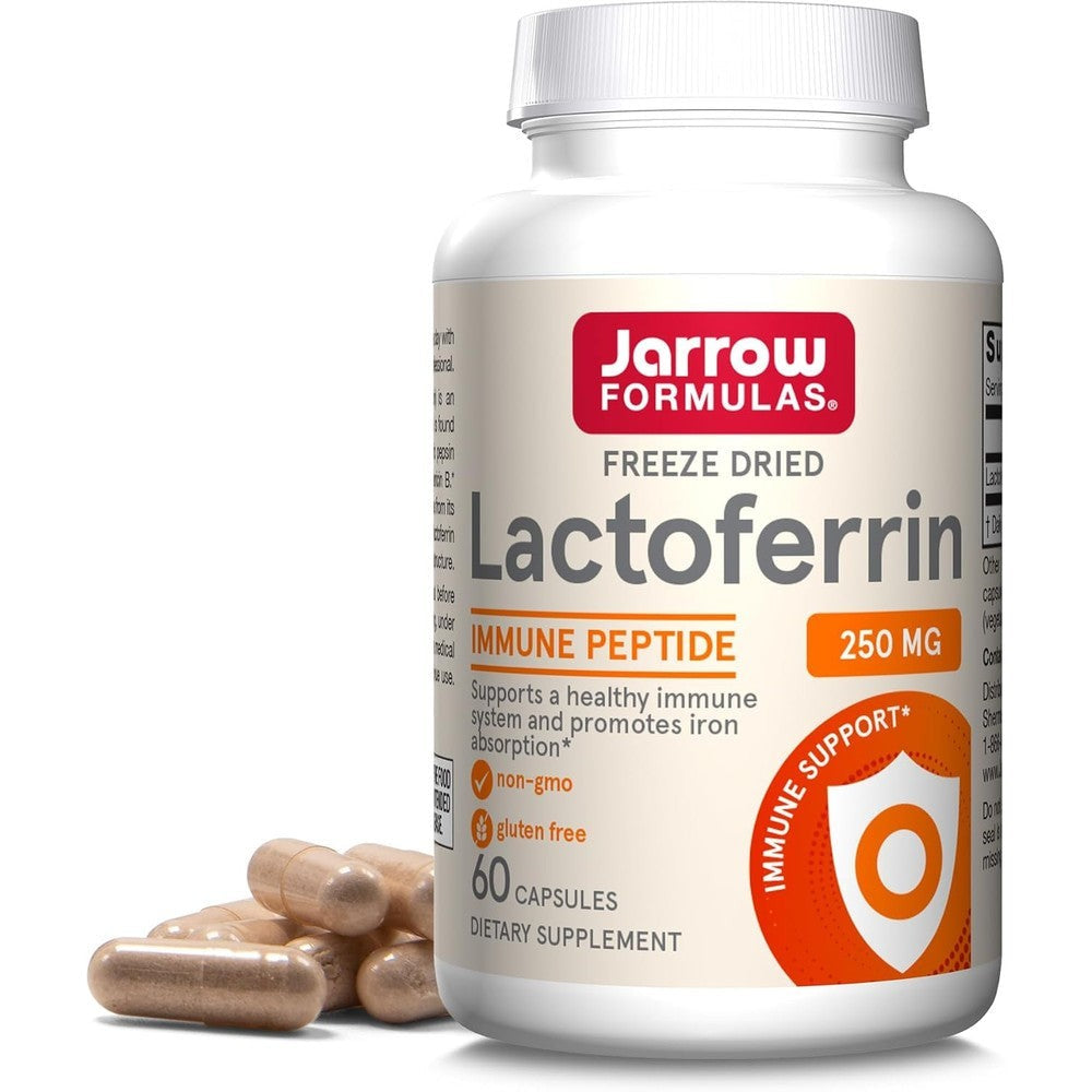 Jarrow Formulas lactoferrin 250 mg freeze dried capsules front view bottle packaging