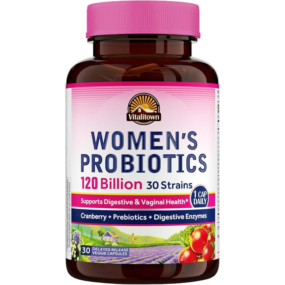 Vitalitown Probiotics for Women 30 capsules front view bottle showing 120 billion CFUs count