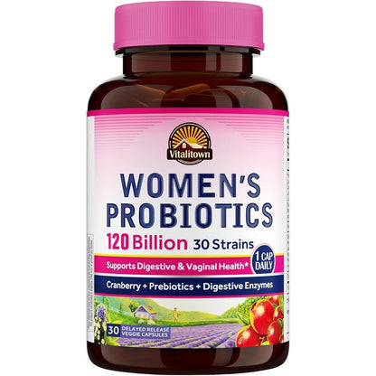 Vitalitown Probiotics for Women 30 capsules front view bottle showing 120 billion CFUs count