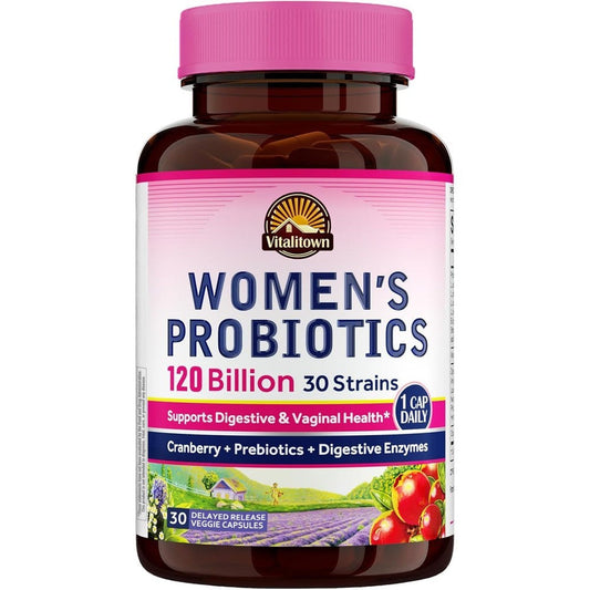 Vitalitown Probiotics for Women 30 capsules front view bottle showing 120 billion CFUs count