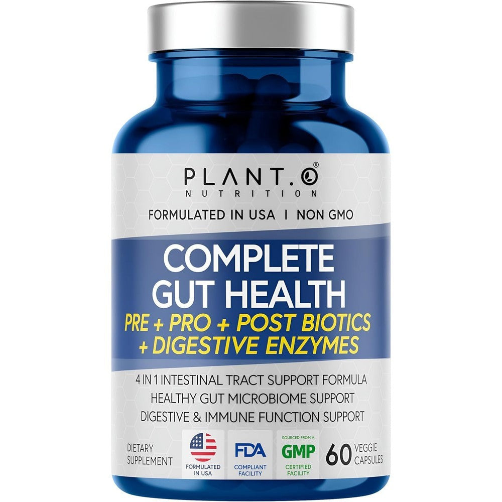 Plant O Nutrition 4-in-1 Prebiotic Complete Gut Support 60 Capsules front bottle view for digestive health.