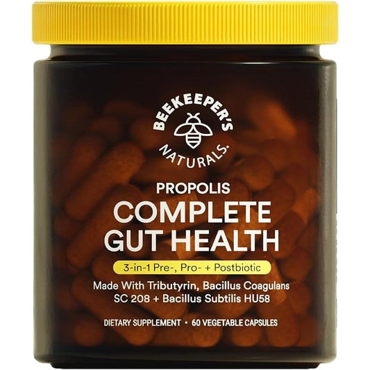 Beekeeper's Naturals Complete Gut Health 60 capsules bottle front view showing 3-in-1 prebiotic probiotic postbiotic label