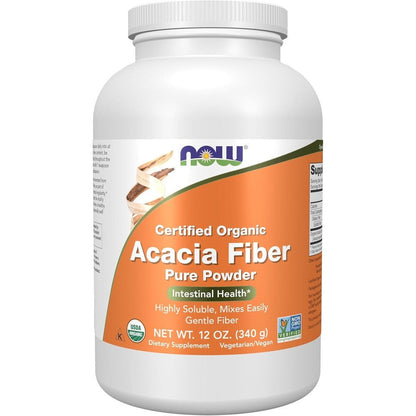 NOW Foods Organic Acacia Pure Powder 12 Ounce container front view showing certified organic prebiotic fiber label.