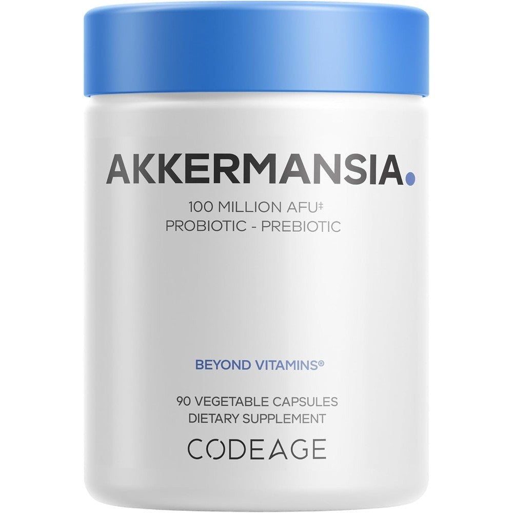 Codeage Akkermansia Muciniphila Probiotic 90 capsules bottle front view showing premium gut health supplement.