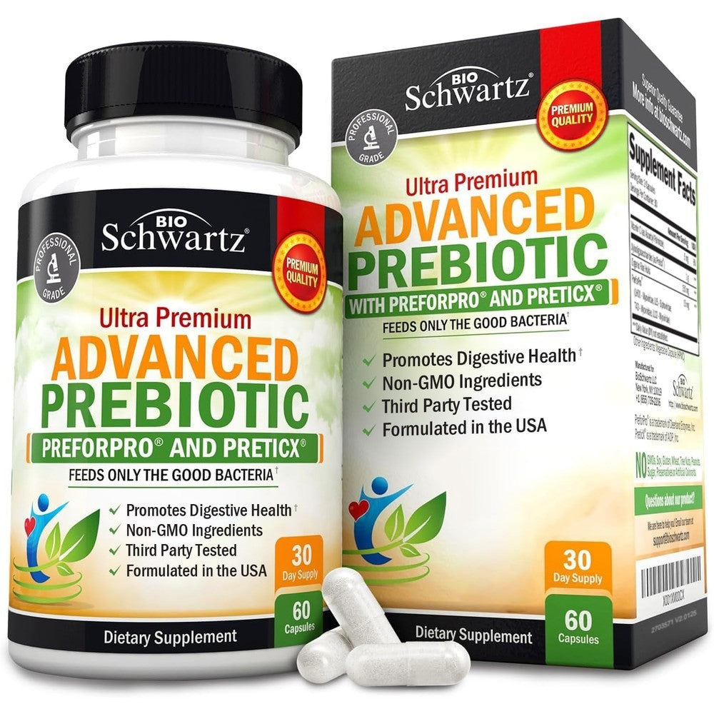 BioSchwartz Advanced Prebiotics 60 capsules front bottle view for digestive health