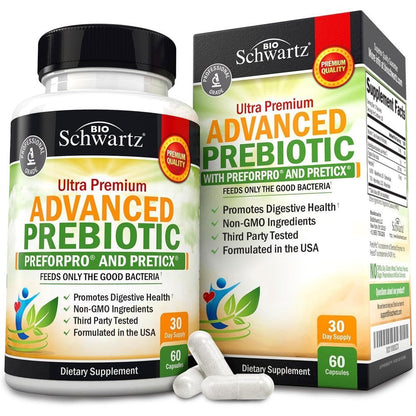 BioSchwartz Advanced Prebiotics 60 capsules front bottle view for digestive health