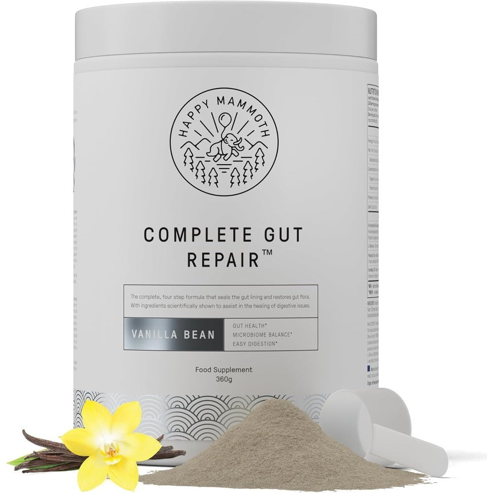 Happy Mammoth Complete Gut Repair Vanilla Powder front view container packaging