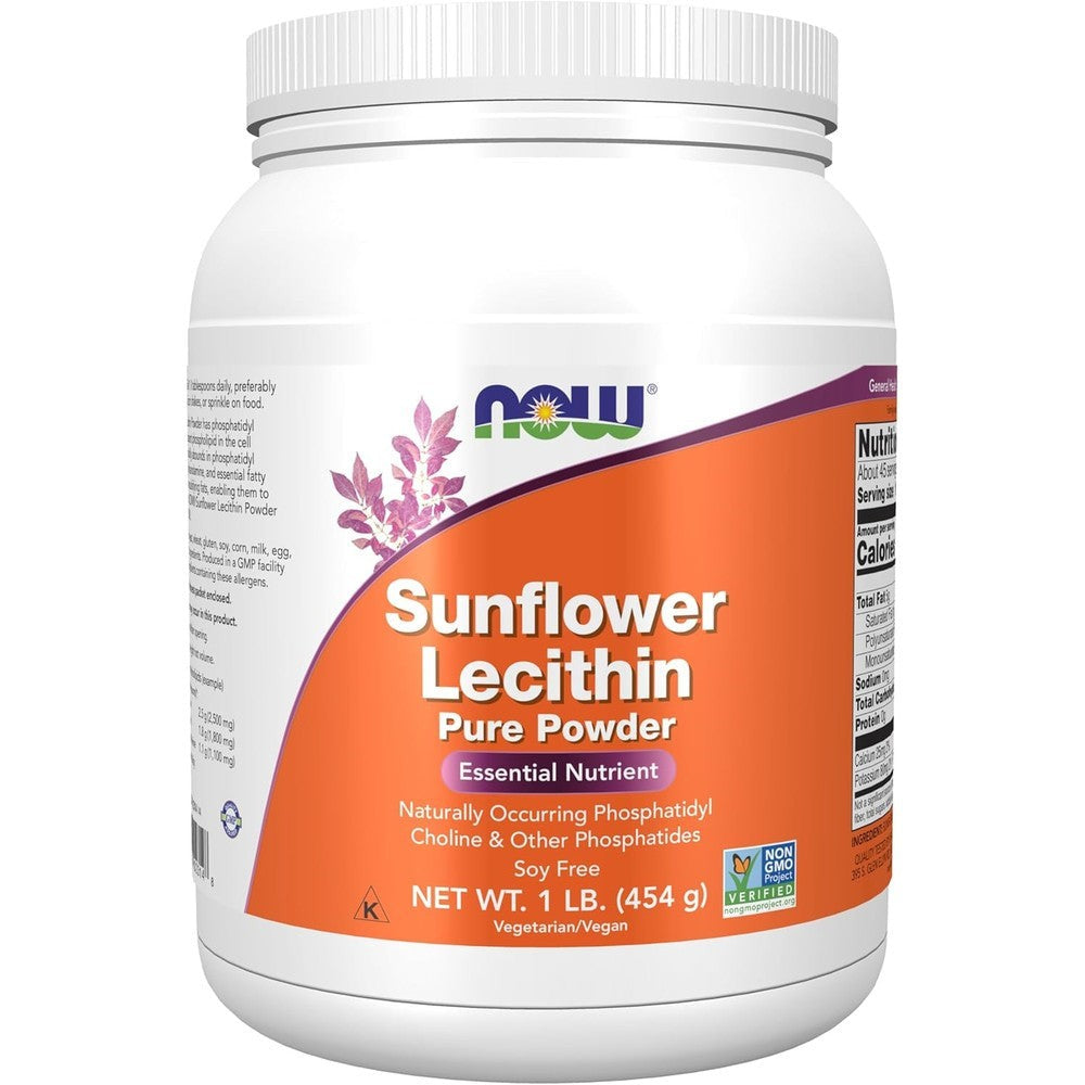 NOW Foods Sunflower Lecithin Pure Powder 1 Pound front view container showing supplement facts.