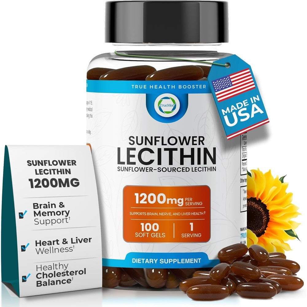 TRUEMED Organic Sunflower Lecithin 1200mg 100 softgels bottle front view for lactation support