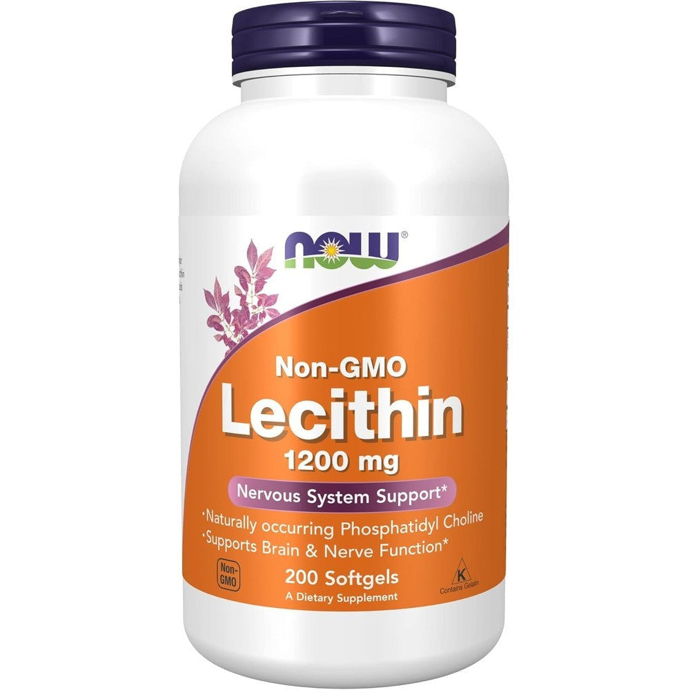 NOW Foods Non GMO Lecithin 1200 Milligram front view bottle for nervous system support.