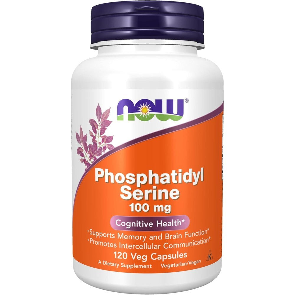 NOW Foods Phosphatidyl Serine 100mg 120 Vegetable Capsules front bottle view for cognitive health.