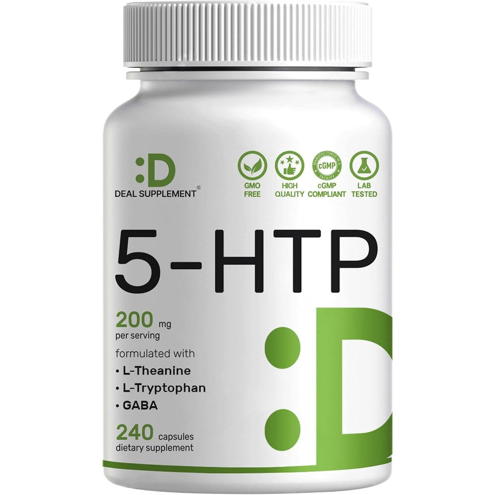 Deal Supplement 5-HTP 200mg 240 capsules front bottle view for mood support.