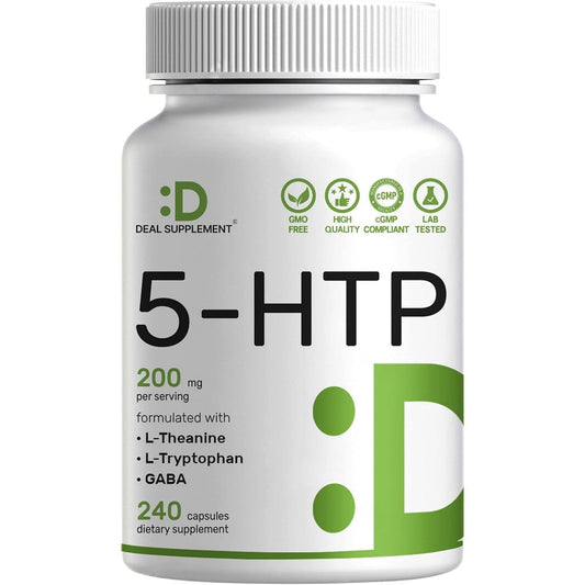 Deal Supplement 5-HTP 200mg 240 capsules front bottle view for mood support.