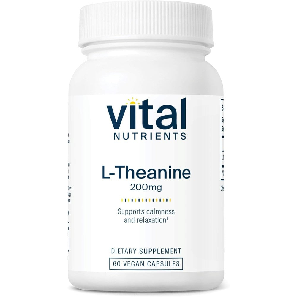 Vital Nutrients L-Theanine 200mg 60 Capsules front view for cognitive support.