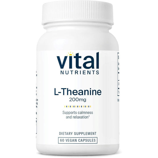 Vital Nutrients L-Theanine 200mg 60 Capsules front view for cognitive support.