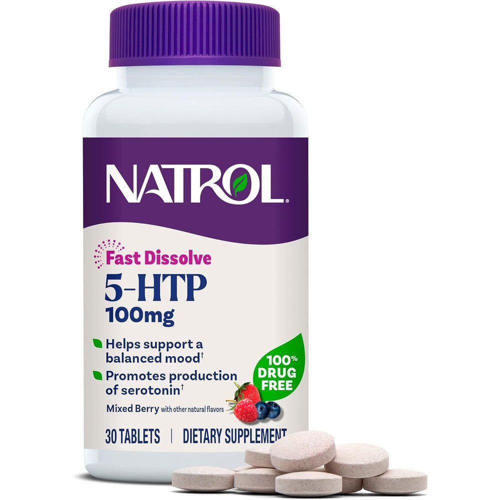 Natrol 5-HTP 100mg Fast Dissolve front bottle view for mood support.
