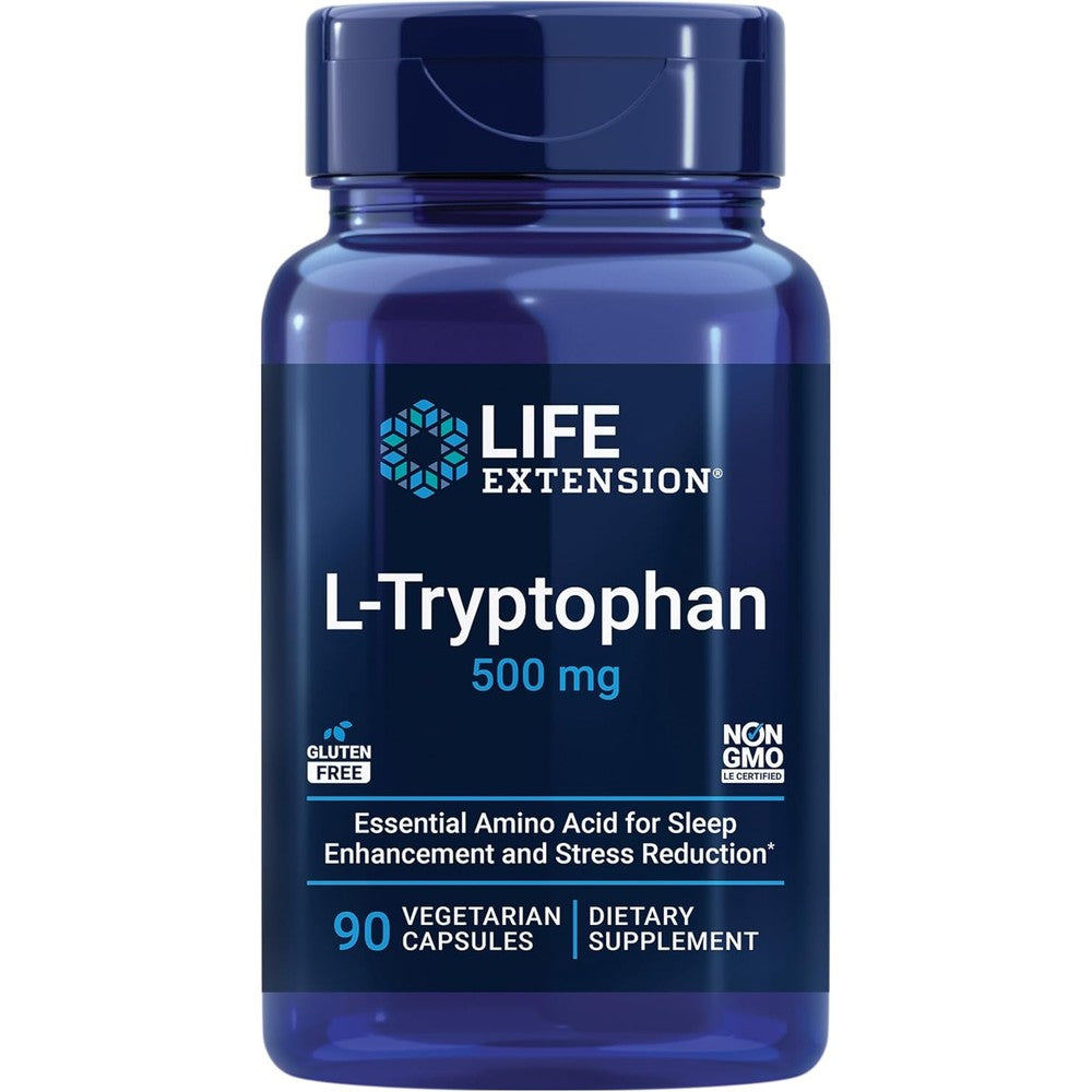 Life Extension L-Tryptophan 500 mg 90 capsules front view for serotonin support.