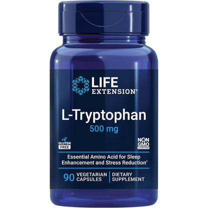 Life Extension L-Tryptophan 500 mg 90 capsules front view for serotonin support.