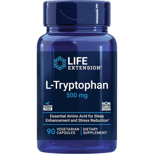 Life Extension L-Tryptophan 500 mg 90 capsules front view for serotonin support.