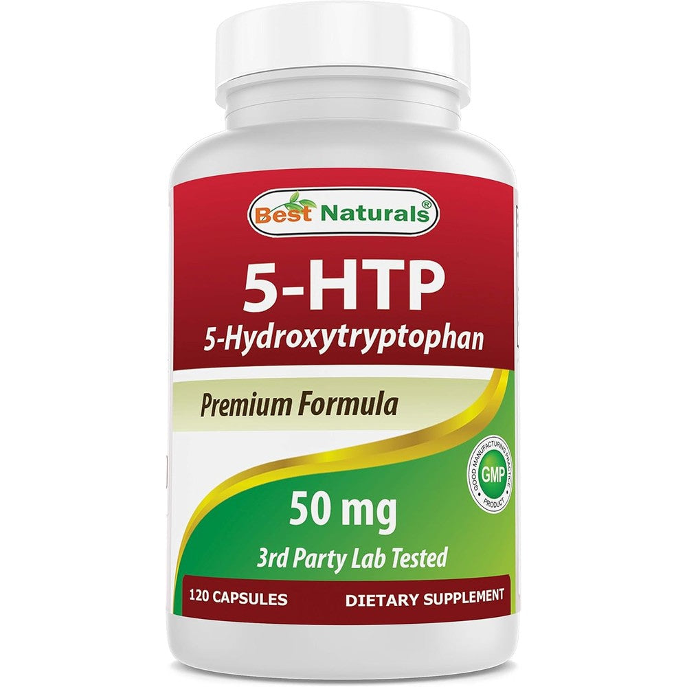 Best Naturals 5-HTP 50 mg 120 Capsules front bottle view for sleep support