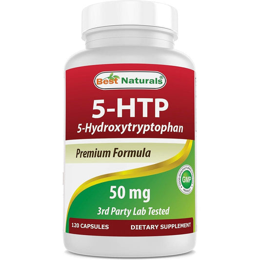 Best Naturals 5-HTP 50 mg 120 Capsules front bottle view for sleep support