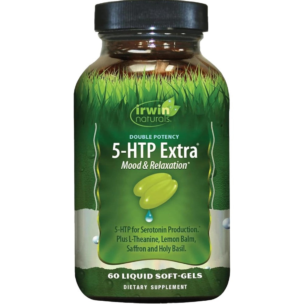 Irwin Naturals Double Potency 5-HTP Extra front bottle view for mood support.