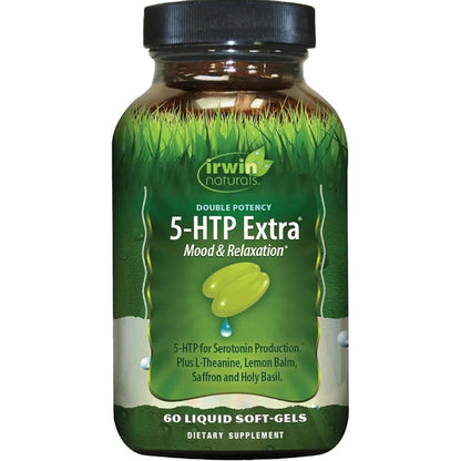 Irwin Naturals Double Potency 5-HTP Extra front bottle view for mood support.