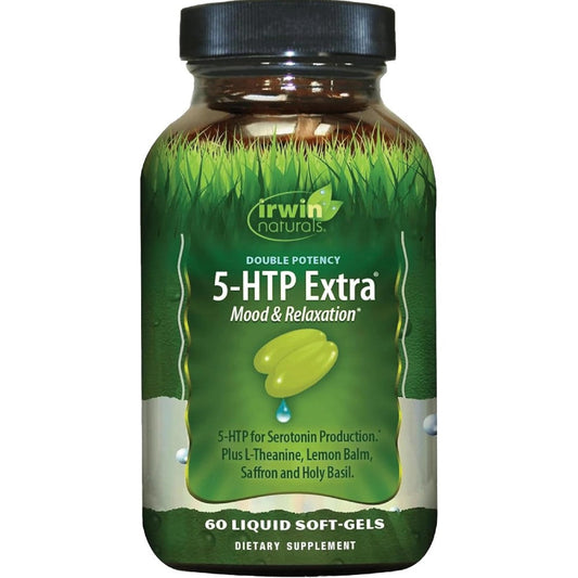 Irwin Naturals Double Potency 5-HTP Extra front bottle view for mood support.