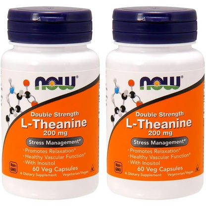 NOW Foods L-Theanine 200 mg 60 vegetable capsules 2 pack front view for stress relief.