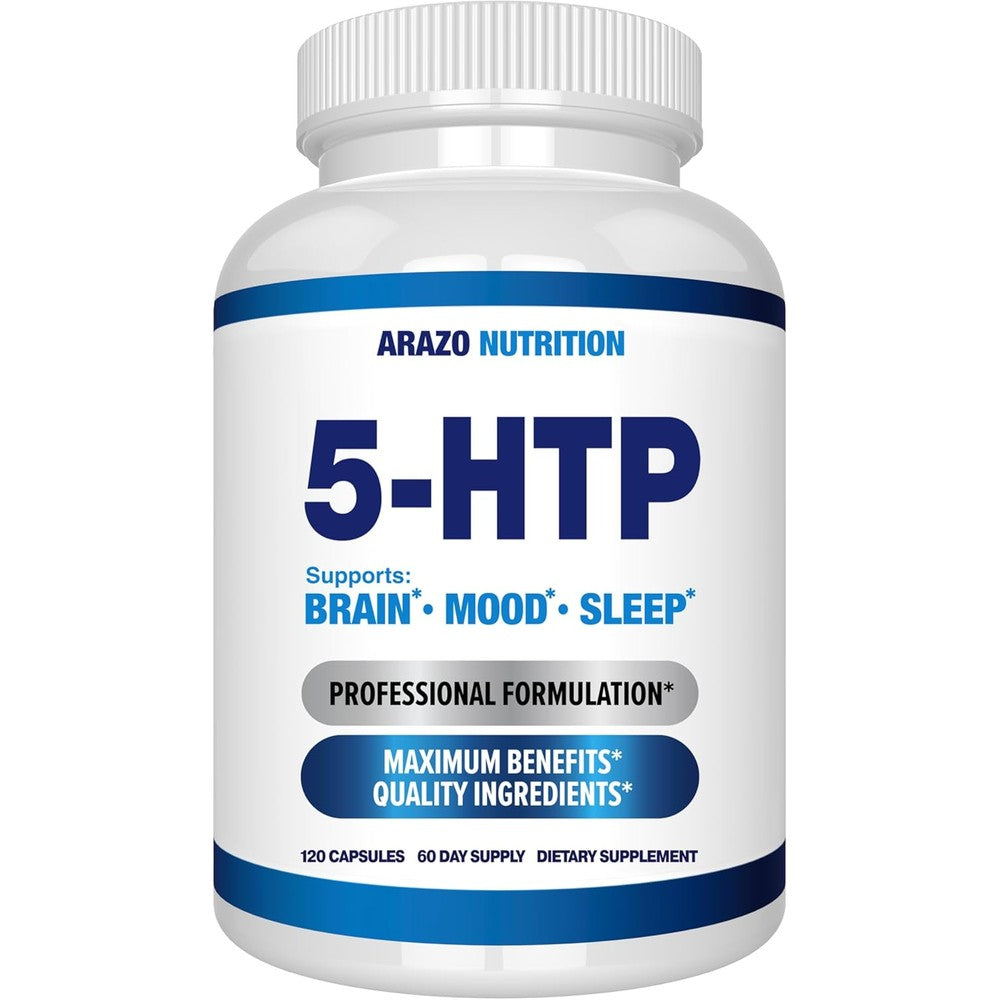 Arazo Nutrition 5-HTP 200 mg front label showing mood and sleep support benefits.