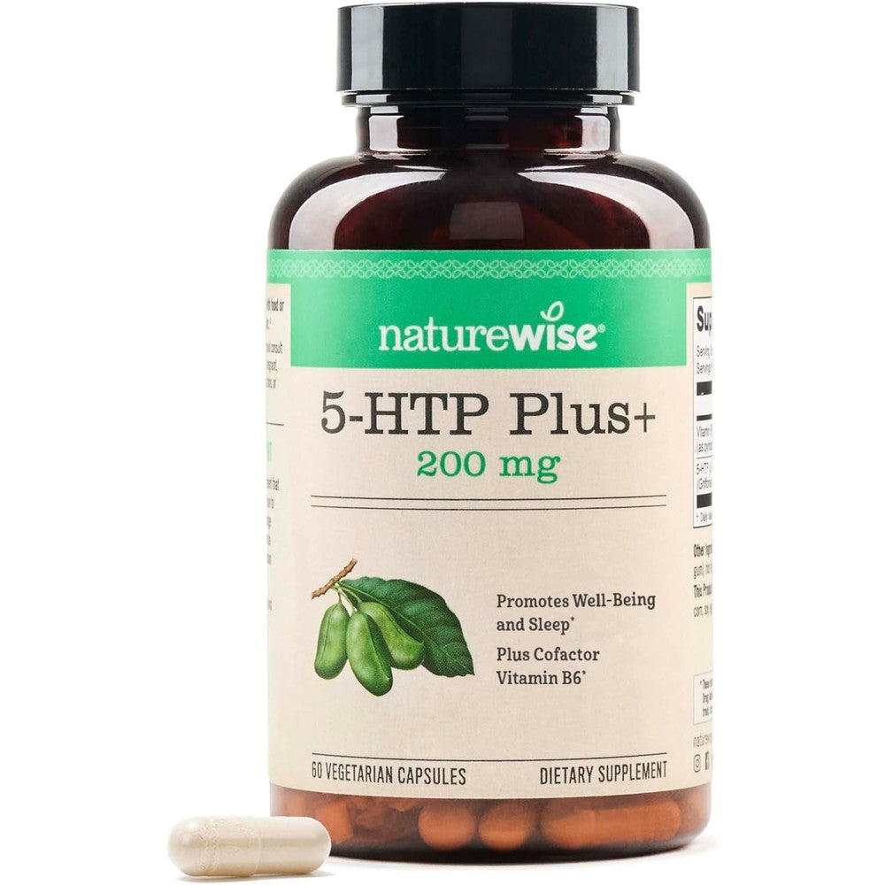 NatureWise 5-HTP 200mg 60 Vegan Capsules front bottle view for mood support.