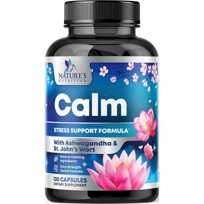 Nature's Nutrition Natural Calm 120 capsules front bottle view for stress relief.